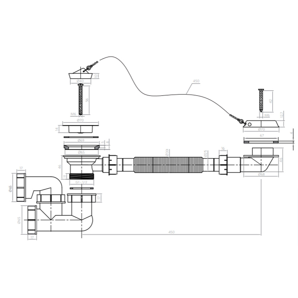 Desague Tina Plástico 1 1/2&#39;&#39; c/Rebalse c/Sifón