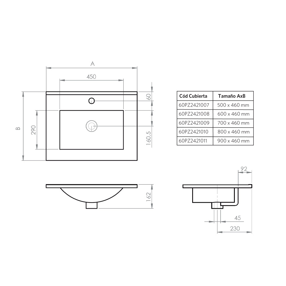 Mueble Vanitorio Amélie Acácia + Cubierta 90x46x45 cm