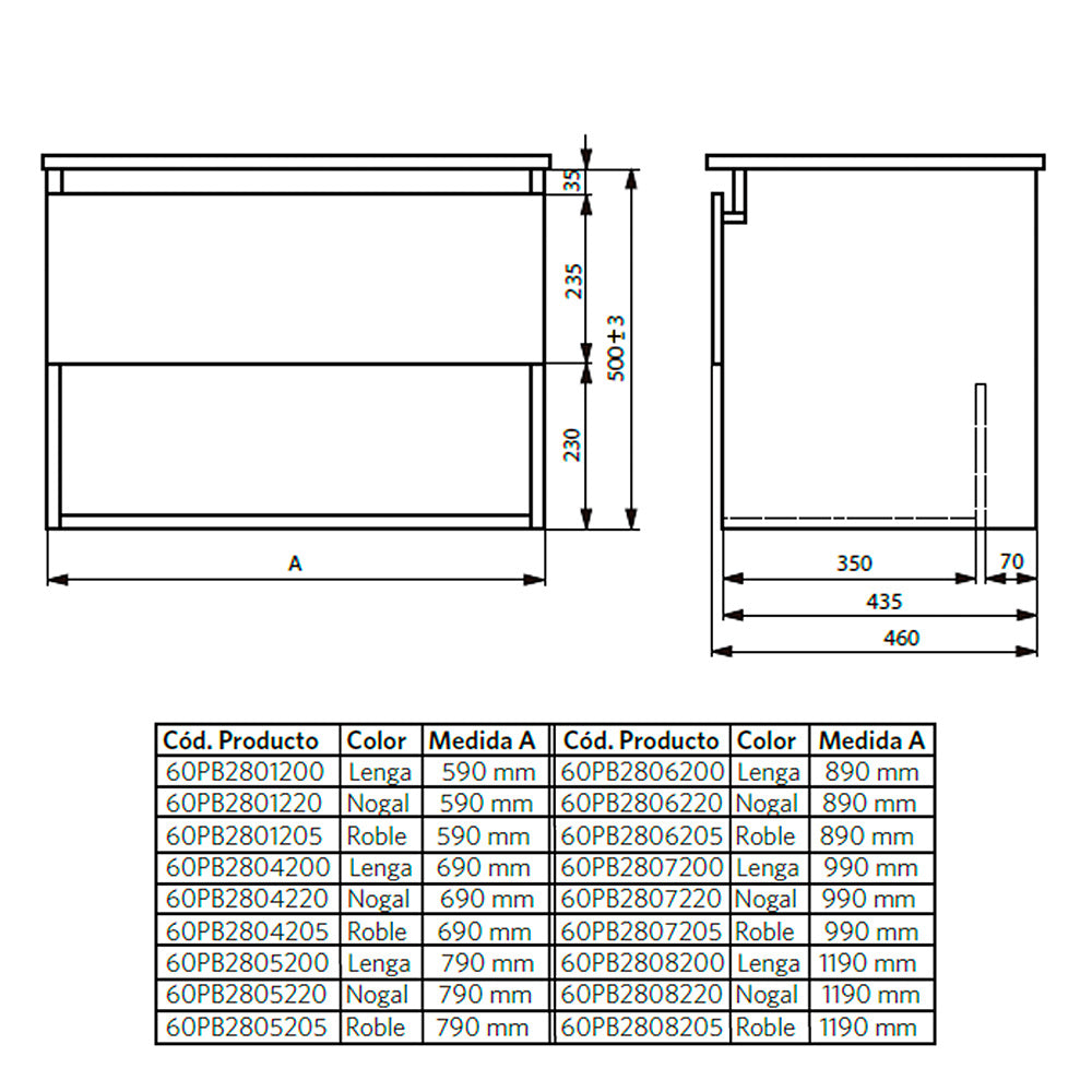 Mueble Vanitorio Belle Nogal + Cubierta 60x46x50 cm