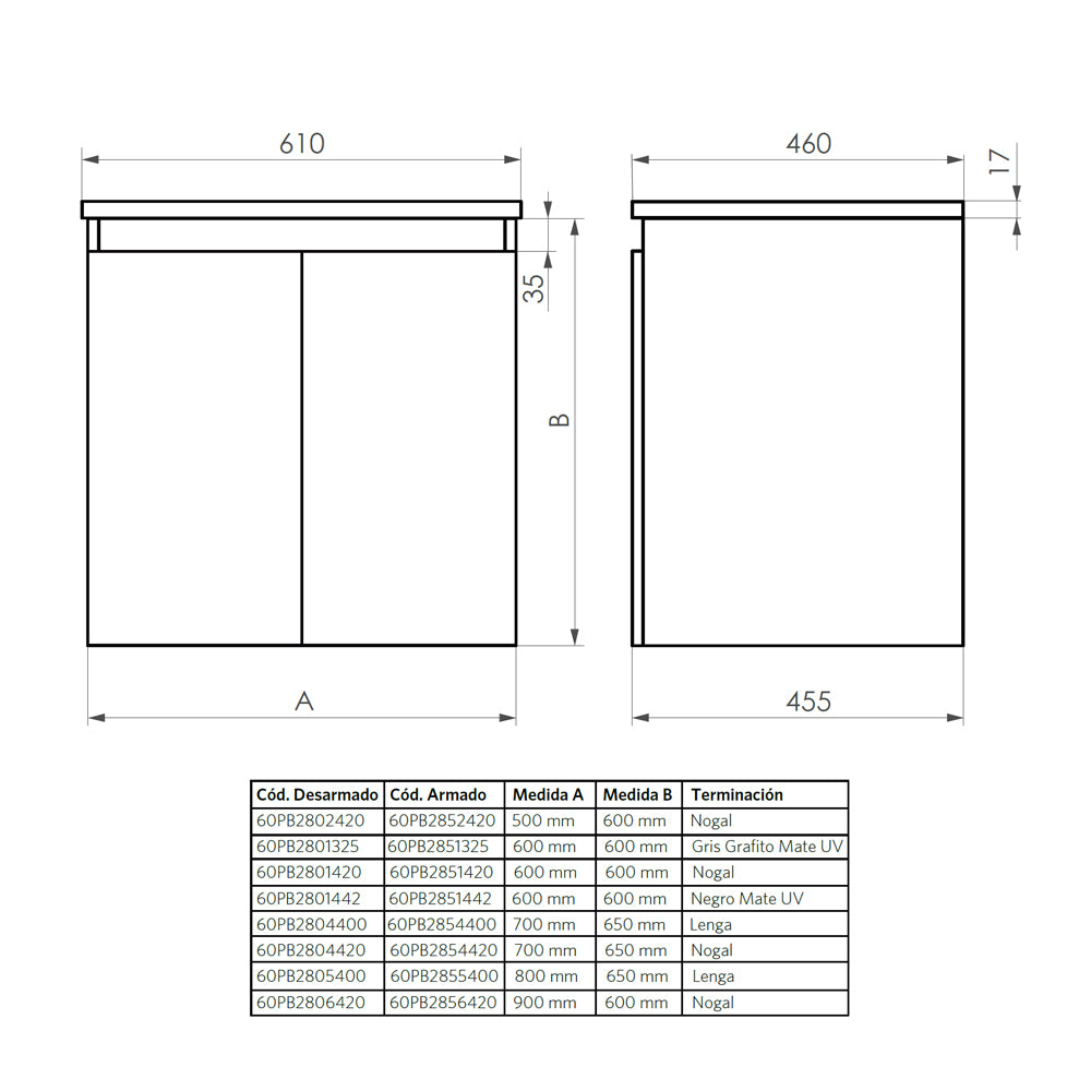 Mueble Vanitorio Mince Nogal + Cubierta 90x46x50 cm