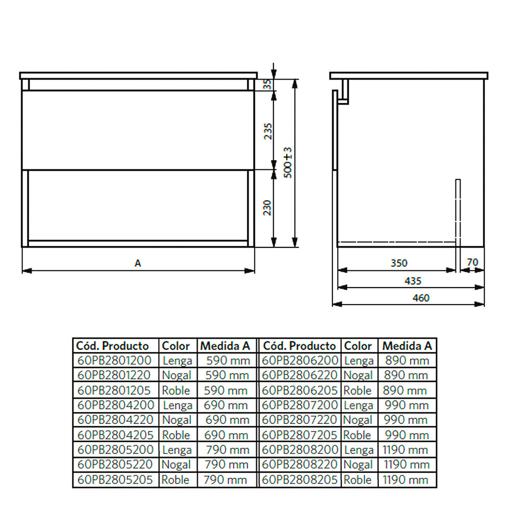 Mueble Vanitorio Belle Lenga + Cubierta 120x46x50 cm