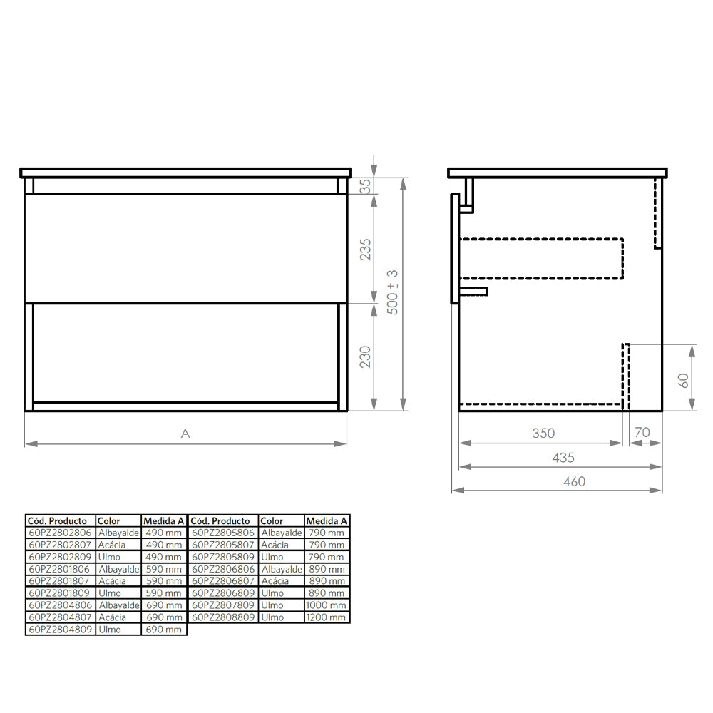 Mueble Vanitorio Zoé Ulmo + Cubierta 60x46x50 cm