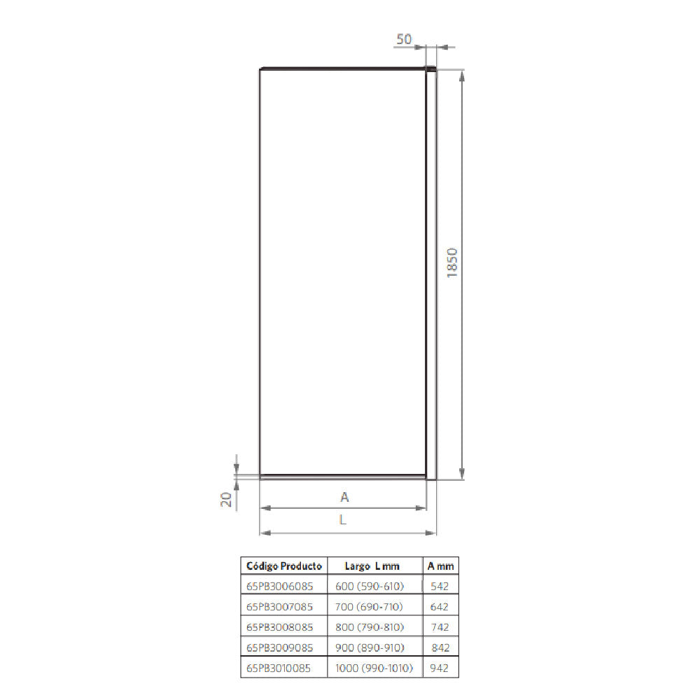 Mampara Hoja Fija 2 cm  8 mm sin SC 100x185 cm