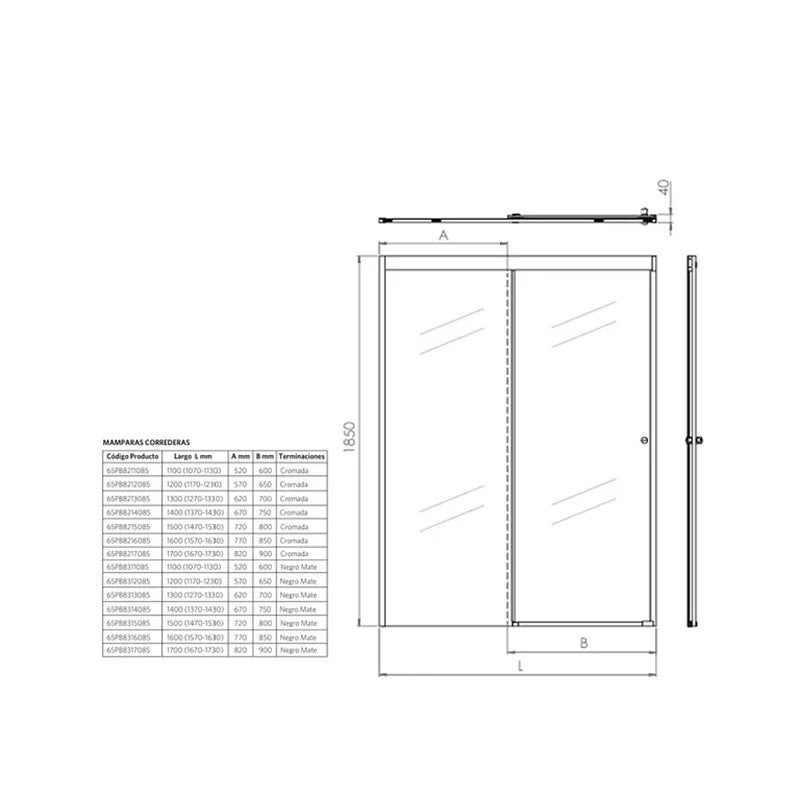Mampara Corredera 140x185 cm Ajustable ±3 cm Cromado
