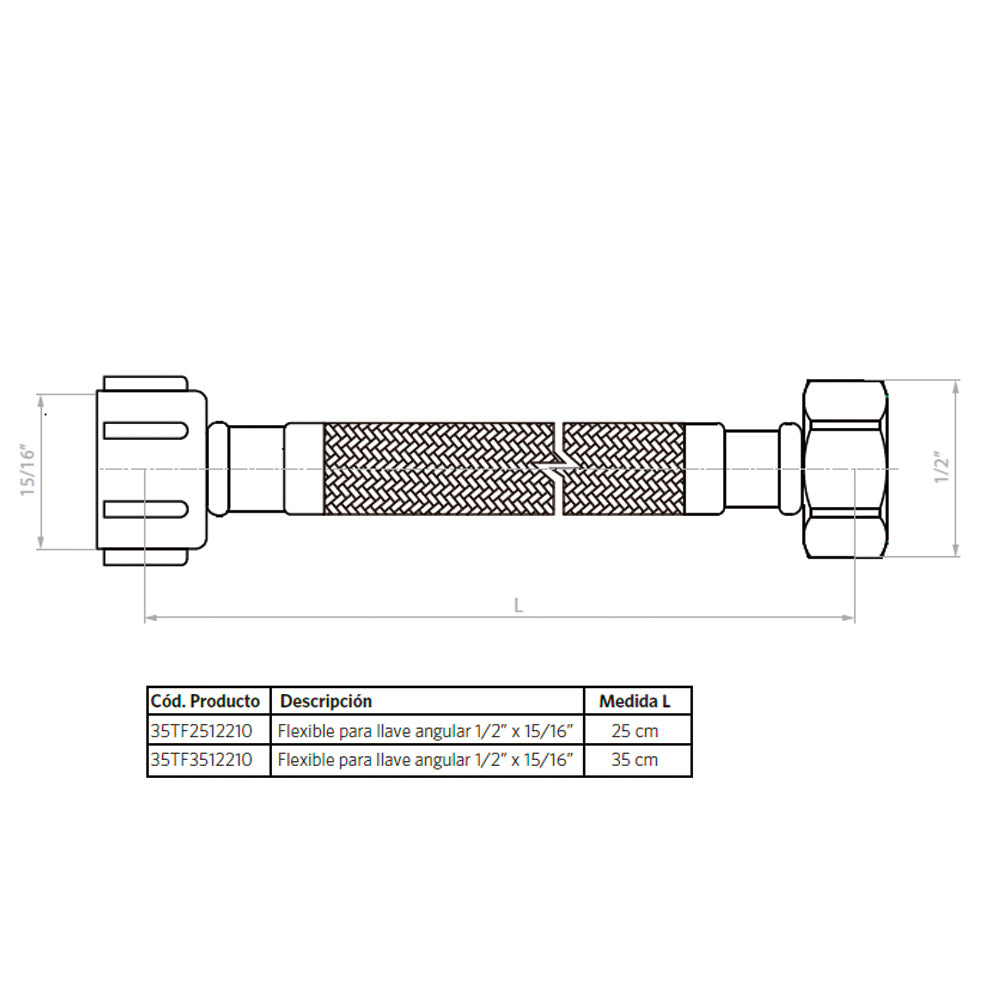 Flexible para llave angular 25 cm 1/2 HI X 15/16 HI