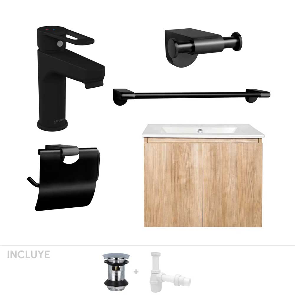 Pack Baño  Art Deco | Mueble Vanitorio Nogal + Griferías + Accesorios