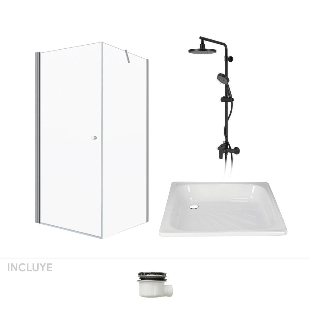 Pack Baño Altea | Mampara 70x70 + Receptáculo + Columna Ducha Negro Mate