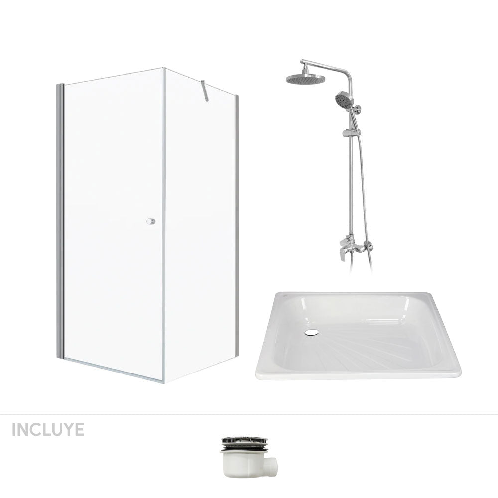 Pack Baño Baeza | Mampara 80x80 + Receptáculo + Columna Ducha Cromo