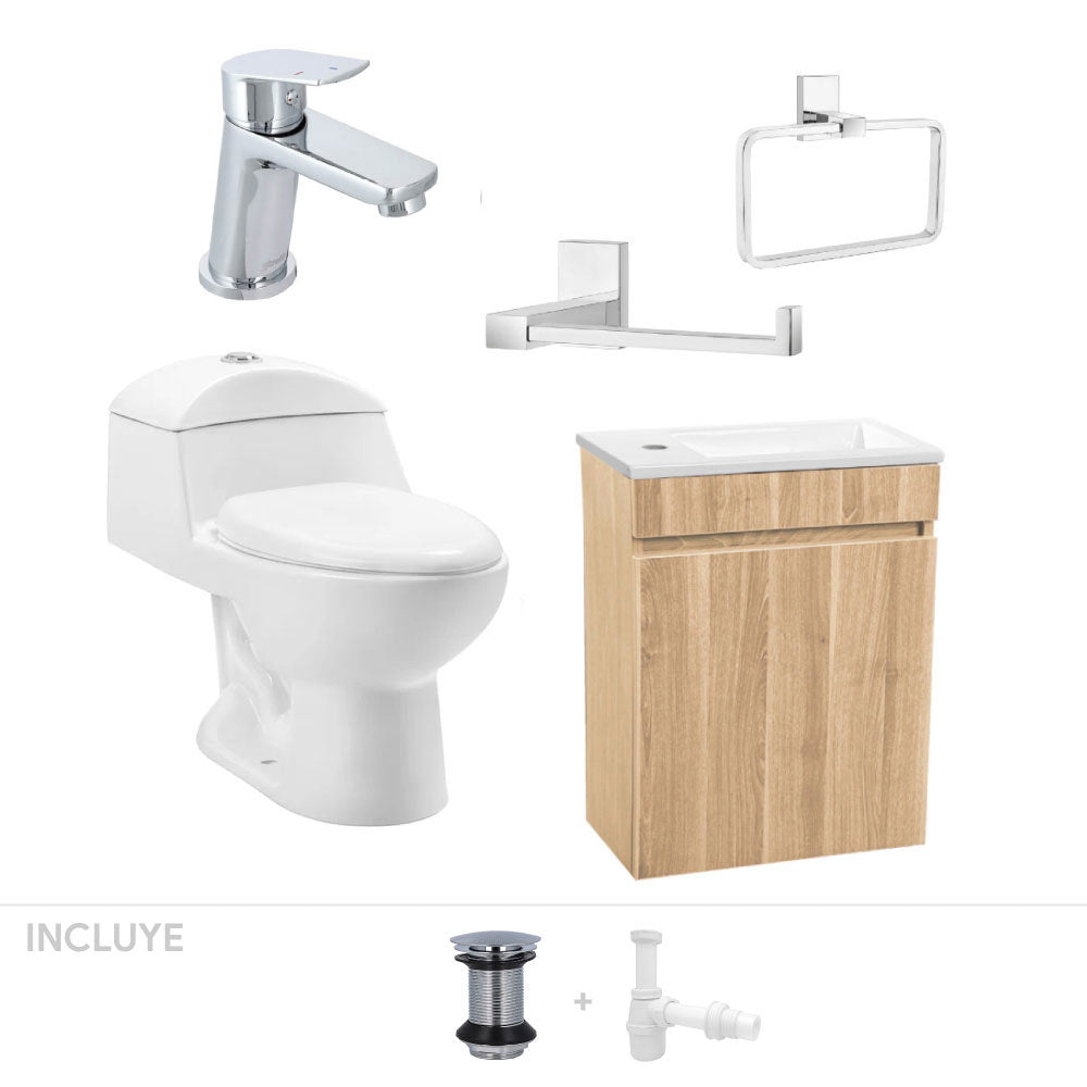 Pack Baño Denia | Mueble Vanitorio Nogal + Sanitario + Grifería + Accesorios