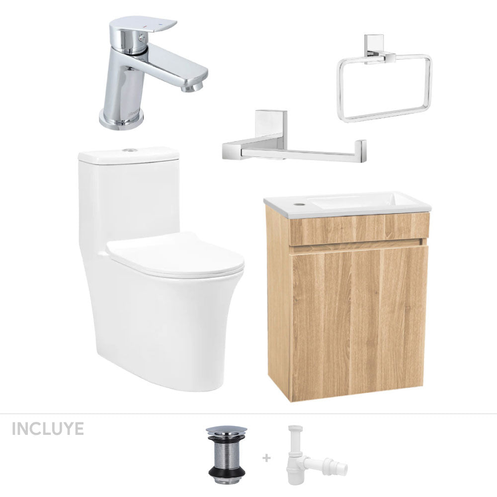 Pack Baño Denia | Mueble Vanitorio Nogal + Sanitario + Grifería + Accesorios