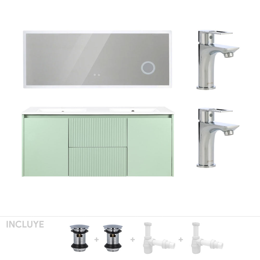 Pack Baño Cartagena | Mueble Vanitorio Doble Sage Green + Griferías Lavamanos + Espejo Led