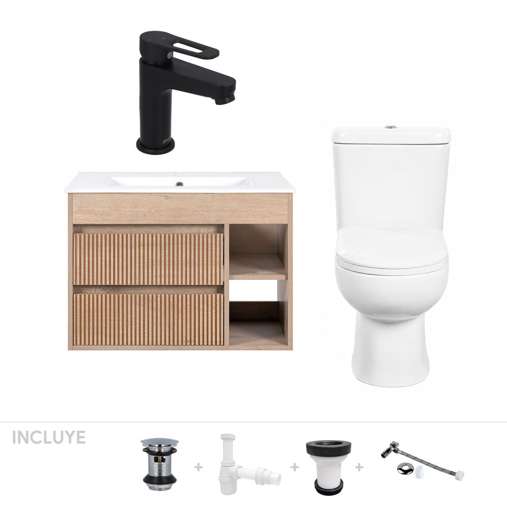 Pack Baño Lorca Negro Mate | Sanitario + Mueble Paris Lenga + Grifería