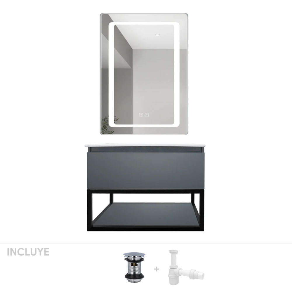 Pack Baño Pedraza | Mueble Vanitorio Gris Grafito + Espejo Led