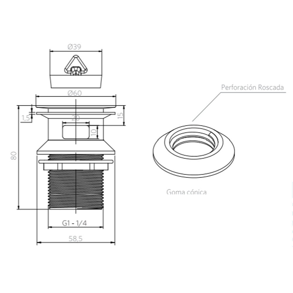 Desague Lavamanos SS304 Tapón 1 1/4&#39;&#39; c/Reb s/Cola