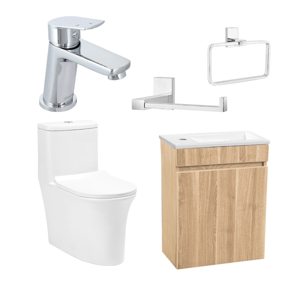 Pack Denia | Mueble Vanitorio Nogal + Sanitario + Grifería + Accesorios