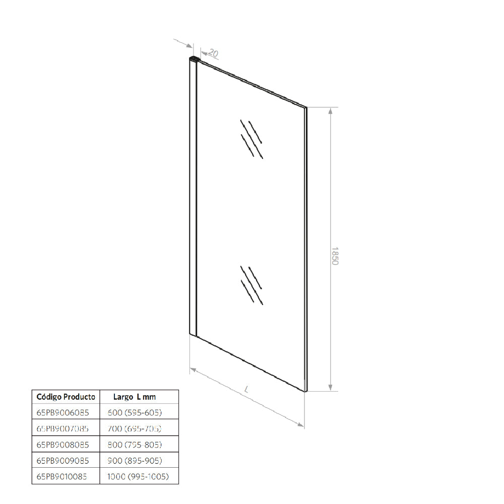 Mampara Hoja Fija Altura 185 cm - 6 mm - 1 cm