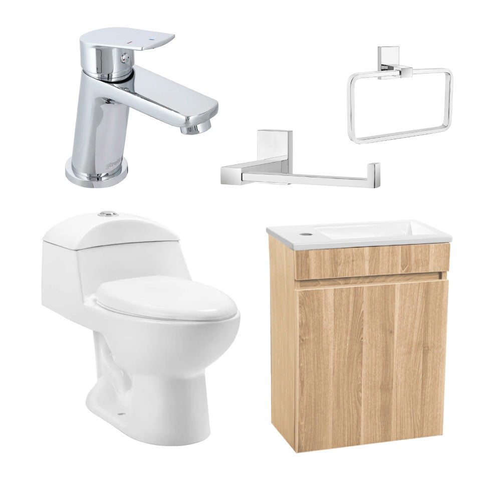 Pack Denia | Mueble Vanitorio Nogal + Sanitario + Grifería + Accesorios